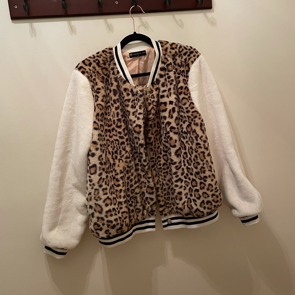 Leopard Print Fur Bomber Letterman jacket